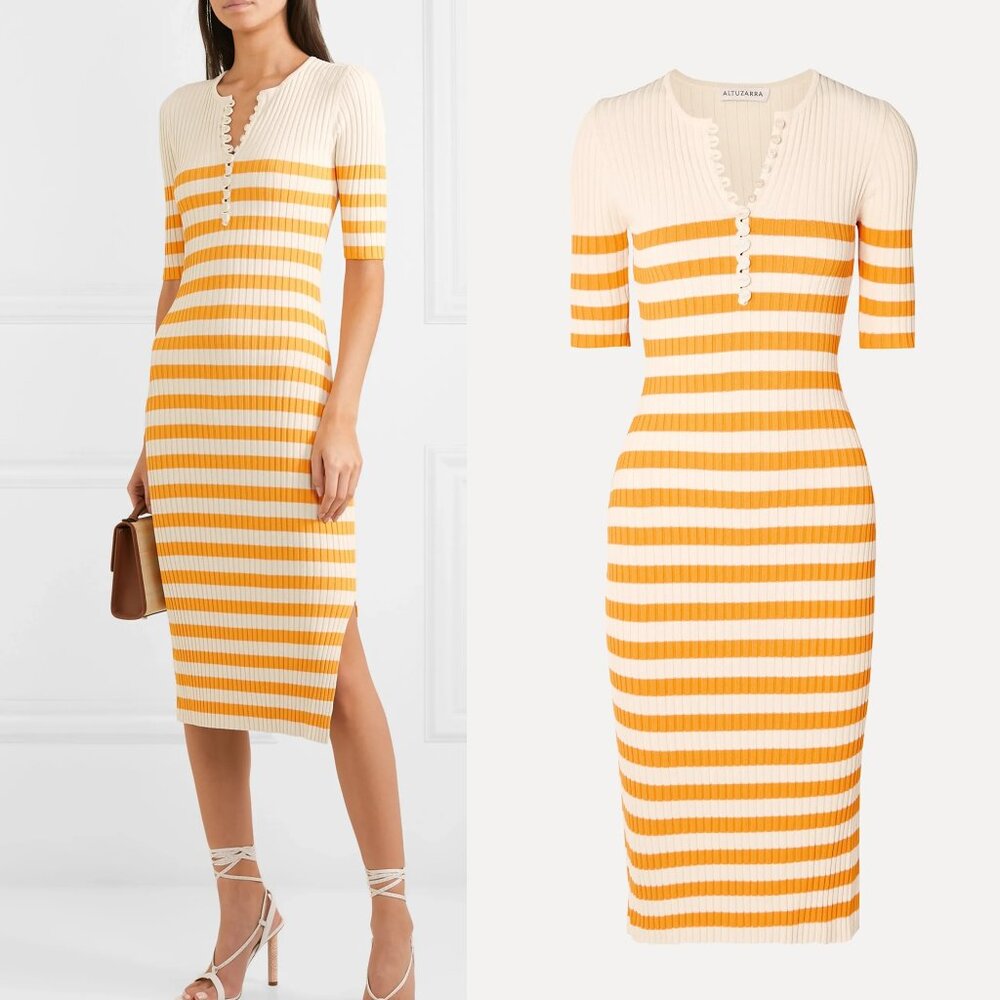 Altuzarra Sunday Striped Ribbed-Stretch Knit Midi Dress in Yellow Small NWT
